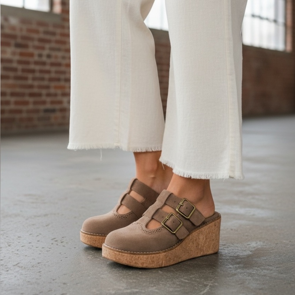 NIB Pierre Dumas Vegan Suede Close Toes Boho Mules Clog Wedge Heel Shoes Taupe - Picture 7 of 10